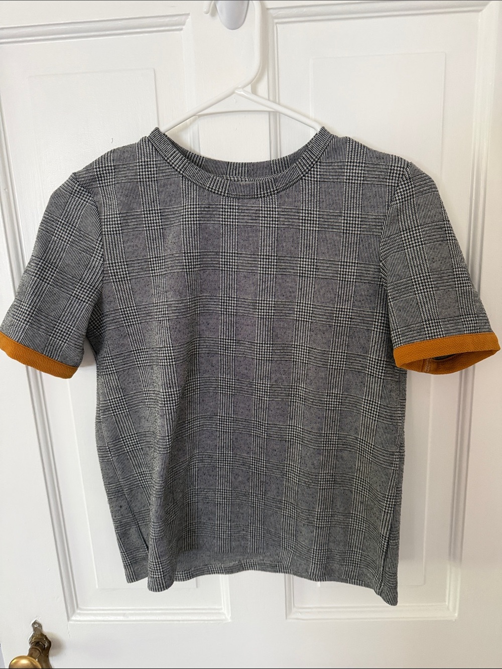 Gray Plaid Short Sleeve Top with Mustard Cuff